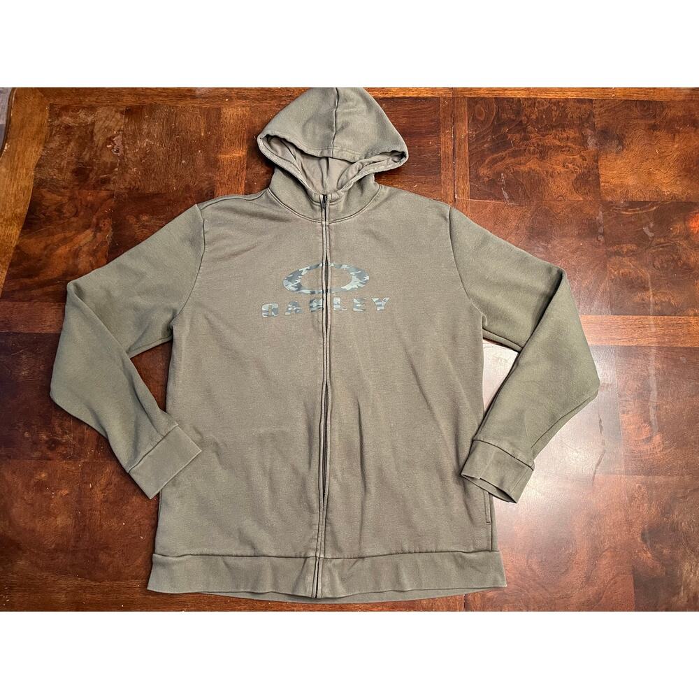 Oakley Full Zip Hoodie 2XL Olive Green Camo Logo Performance Sweatshirt Jacket